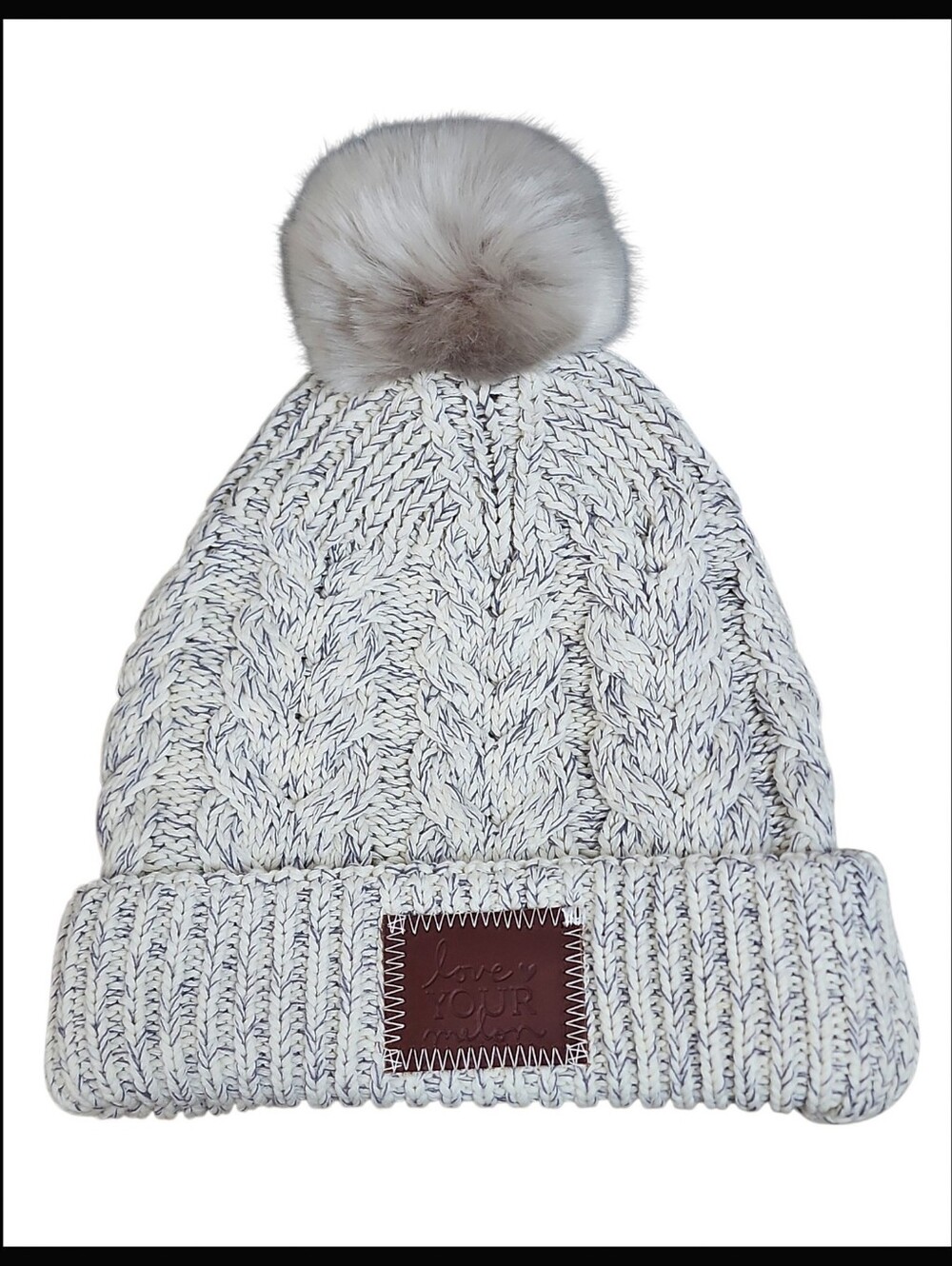 Love Your Melon Cable Thick Knit Cuffed Faux Fur Pom Beanie Hat Off White Gra
